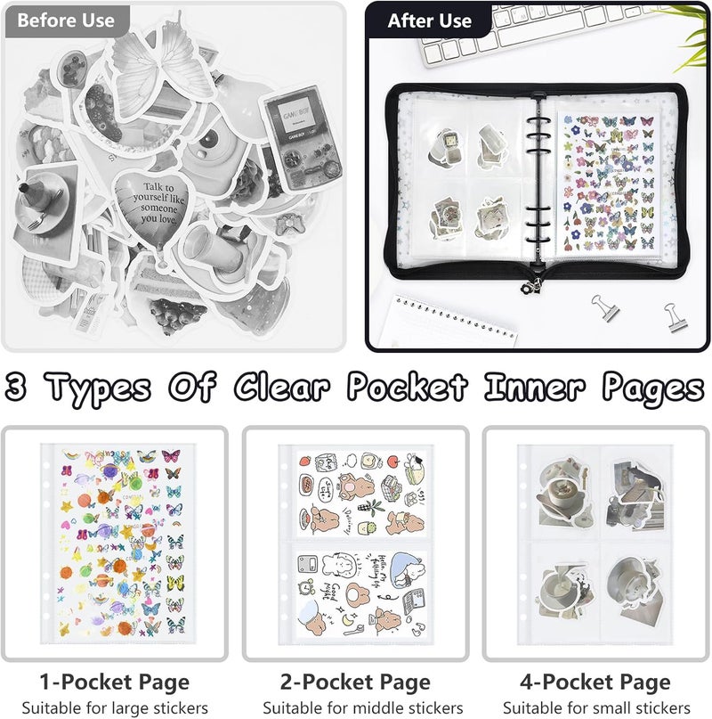 Ruatu Sticker Storage Organizer Binder A5 Sticker Collecting Book Reusable Zipper Album with Clear Laser Star Cover and Pocket Pages (Black) - Image 3
